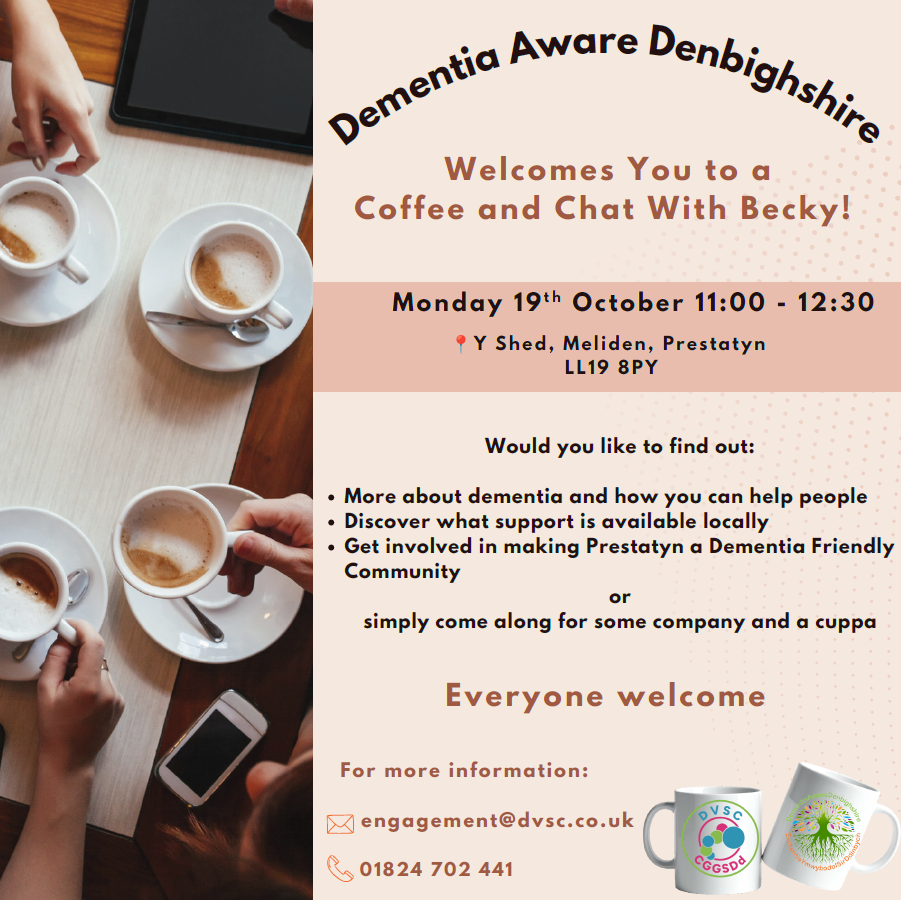 English poster for Dementia Aware Denbighshire Coffee and Chat on 19th October 2026 - Information as above.