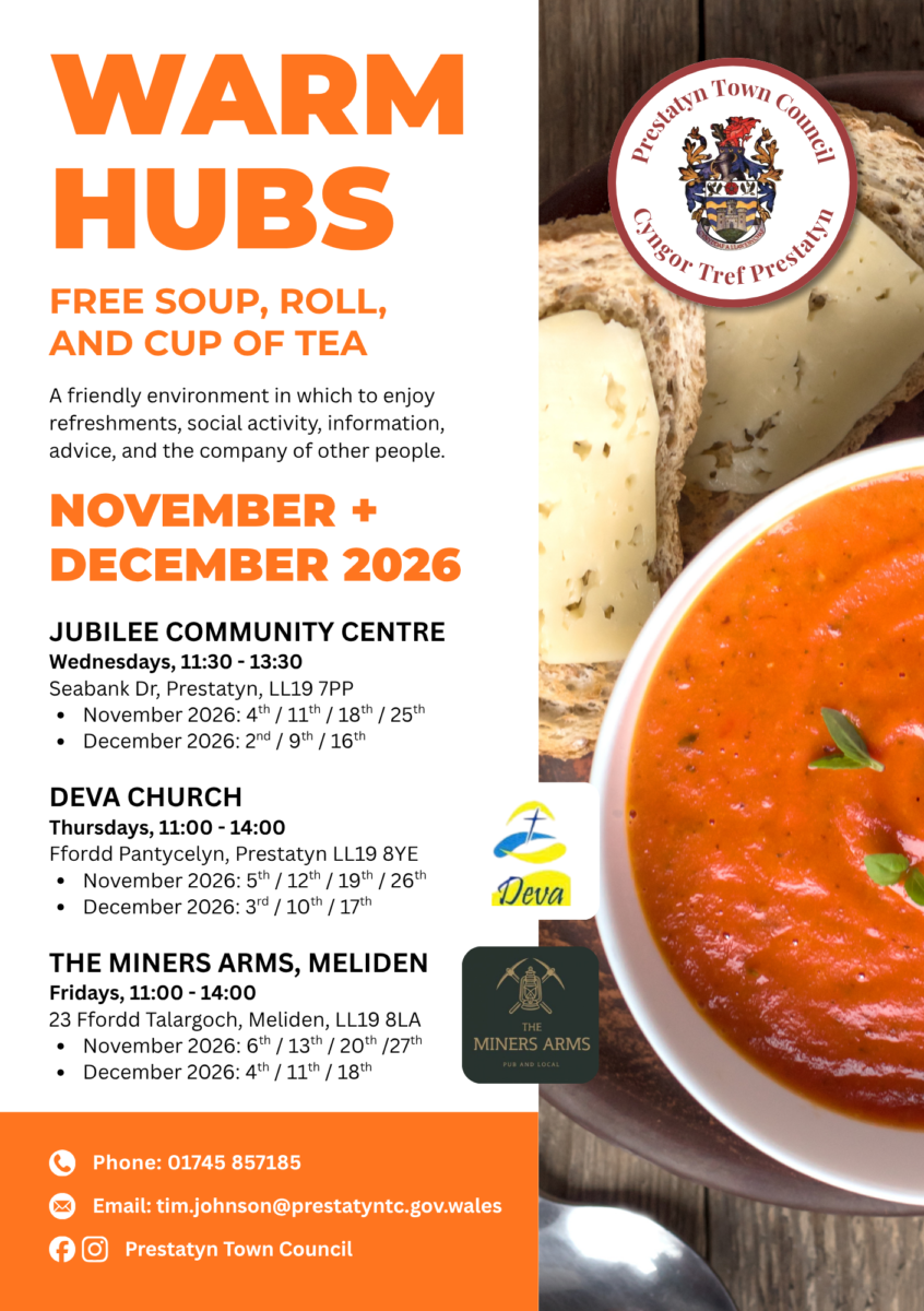 English poster for Warm Hubs, November and December 2026 - information as detailed above.