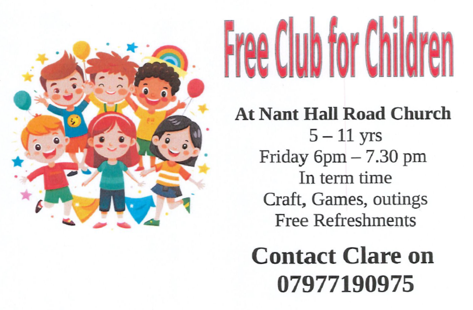 Poster ar gyfer Clwb Am Ddim i Blant, gwybodaeth fel y manylir yn y testun uchod.